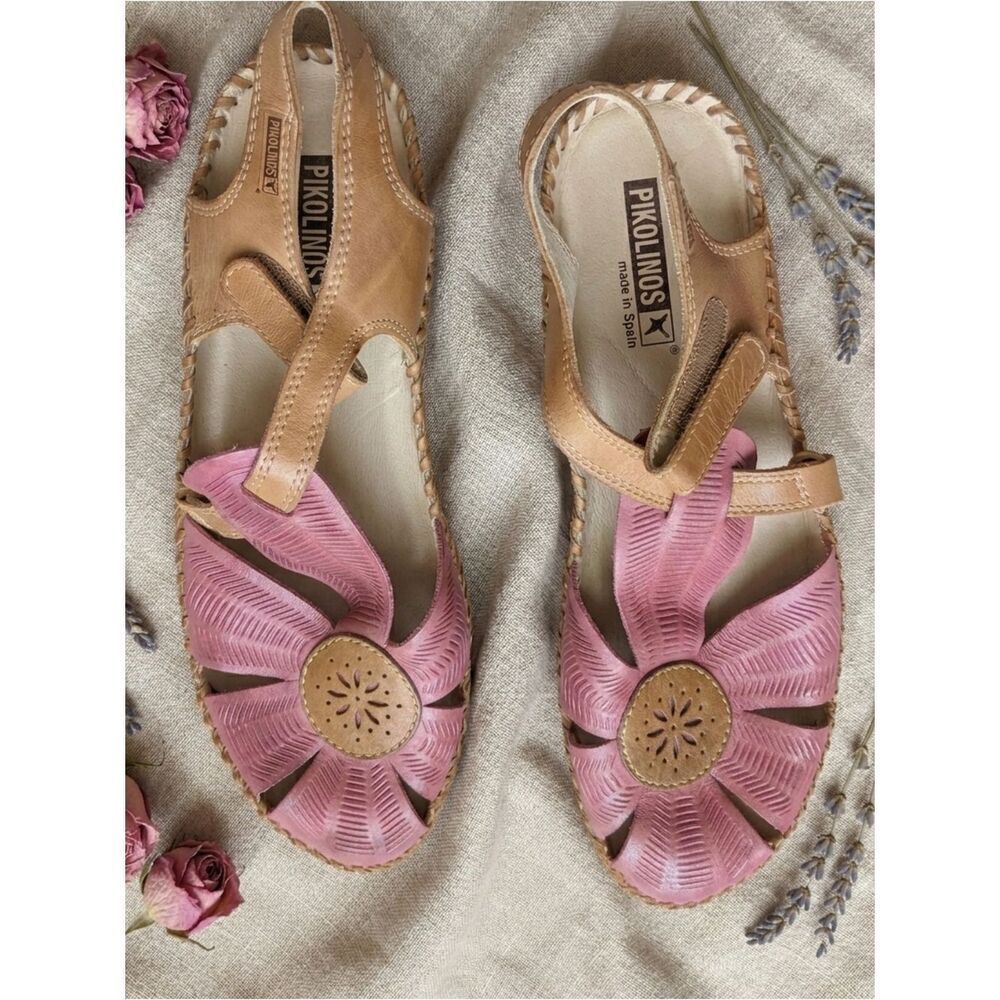 Pikolinos P. Vallarta 655-0575 Pink Tan Leather Floral Cut-Out Sandals Women's!!